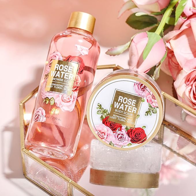 Mothers Day Gifts for Mom, Spa Birthday Gift Baskets for Women Her Wife Girlfriend, with Rose Scented Shower Gel, Body Scrub, Body Lotion, Hand Soap
