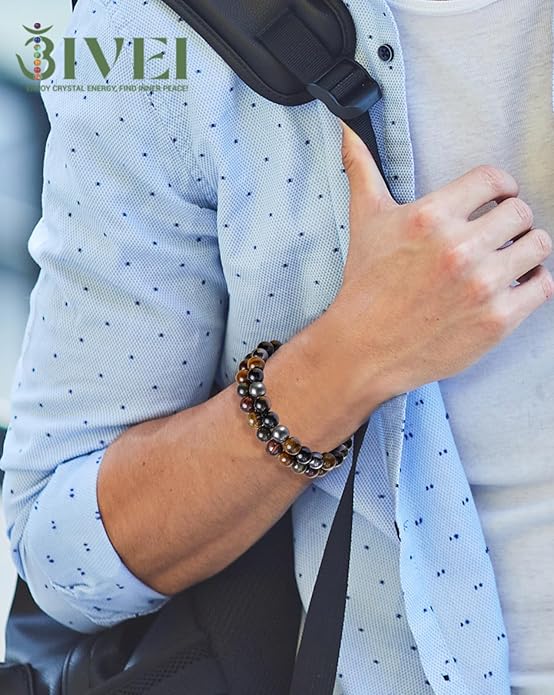 Bivei Natural Gemstone Semi Precious Healing Crystals Handmade Stretchy Round Beads Bracelet, Enhance Positive Energy