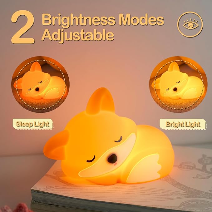 ATSUI Fox Night Light, LED Squishy Novelty Animal Lamp, Food Grade Silicone, 2 Level Dimmable, Nursery Nightlight for Desk Decor, Funny Gifts Stuff for Boys Girls Baby, White Elephant Gifts