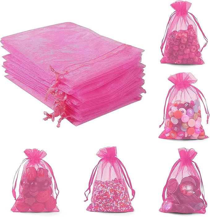 ANZNKU 50PCS Pink Organza Bags 5x7 inches Mesh Bags Drawstring, Mesh Oraganza Gift Bag Small Mesh Gift Bag for Party, Wedding, Premium Sheer Party Favor Pouches Drawstring