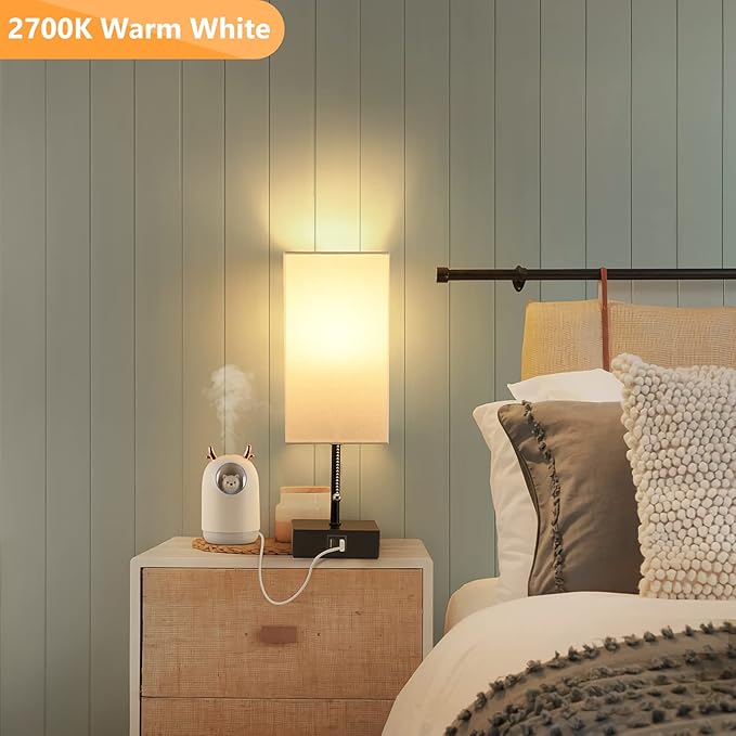 GGOYING Pull Chain Table Lamp, Bedside Lamps with 2 USB Charging Ports, 2700K LED Bulb, White Linen Lampshade for Living Room, Dorm, Office, Home