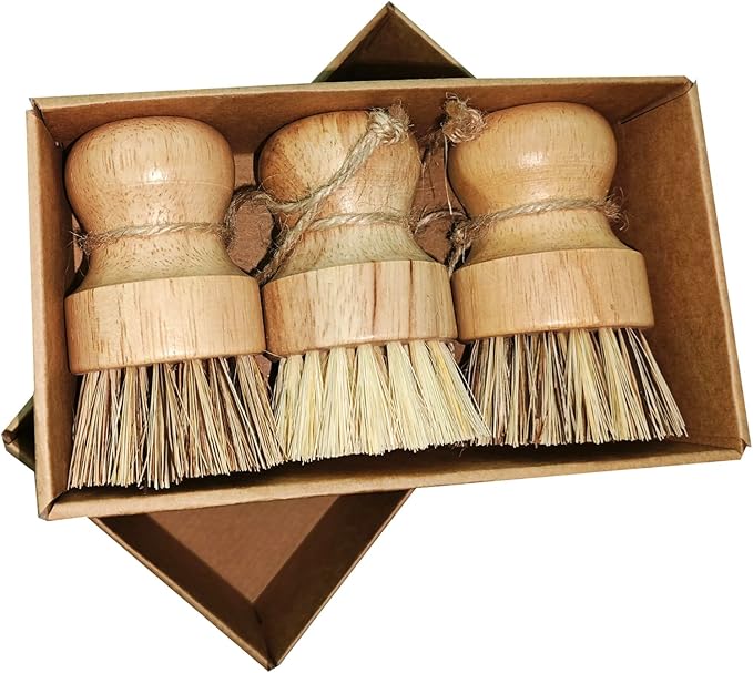 3 Pack Wood Dish Brush Set, Wood Scrub Brush for Dishes with Natural Sisal Bristles for Cleaning Pots, Pans and Vegetables