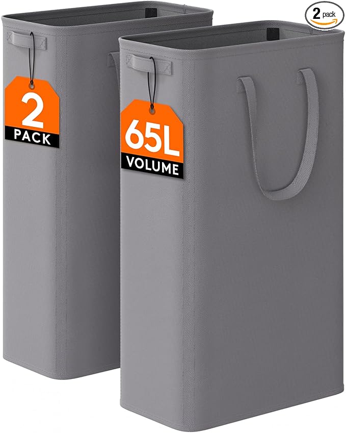 Lifewit 2 Pack Slim Laundry Hamper, Collapsible Narrow Laundry Basket, Small Tall Dirty Clothes Hampers with Handles for Bathroom Bedroom College Dorm, Grey, 65L