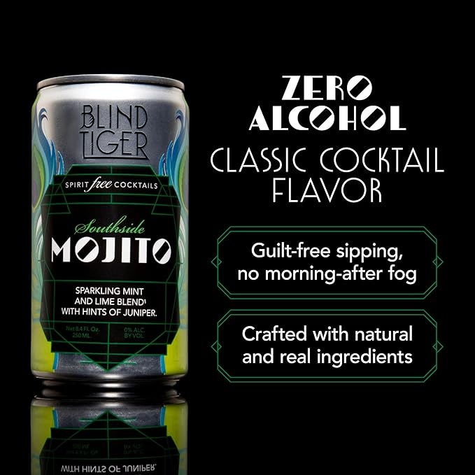 Blind Tiger Southside Mojito 8-Pack | Lime, Mint & Juniper Non-Alcoholic Sparkling Mocktail | Crafted with Natural Ingredients | Mixers, Cocktails, Mocktails | 8.4 fl oz Cans