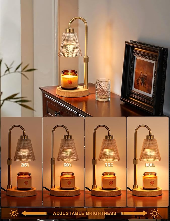 Innqoo Wood Color& Amber Candle Warmer Lamp with Timer, Dimmable Candle Warmer for Jar Candles, Height Adjustable Wax Melts Warmer, Birthday Gifts for Women Mom, House Warming Gifts New Home Decor