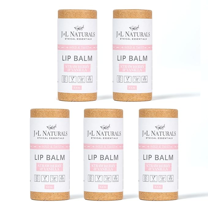 J&L Naturals Sustainable Lip Balm | Organic Ingredients, 100% Natural, Eco-Friendly | Cruelty Free, Vegan, Paraben Free, Silicone Free (Strawberry & Vanilla, 5-Piece Bundle)