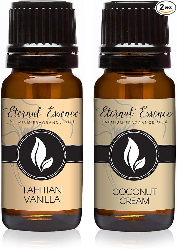 Eternal Essence Oils 2 Pack 10ml Premium Fragrance Oil - Coconut Cream and Tahitian Vanilla Scents - for Candle, Soap Making, Aromatherapy, Diffusers, Home Care, & Humidifiers