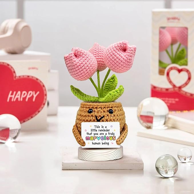 Gossby Handmade Positive Tulip Flower Crochet - This is A Little Reminder - Inspirational Gift for Women - Thank You, Appreciation, Positive Gift for Teacher, Mom, Friend, Coworker - Knitted Decor