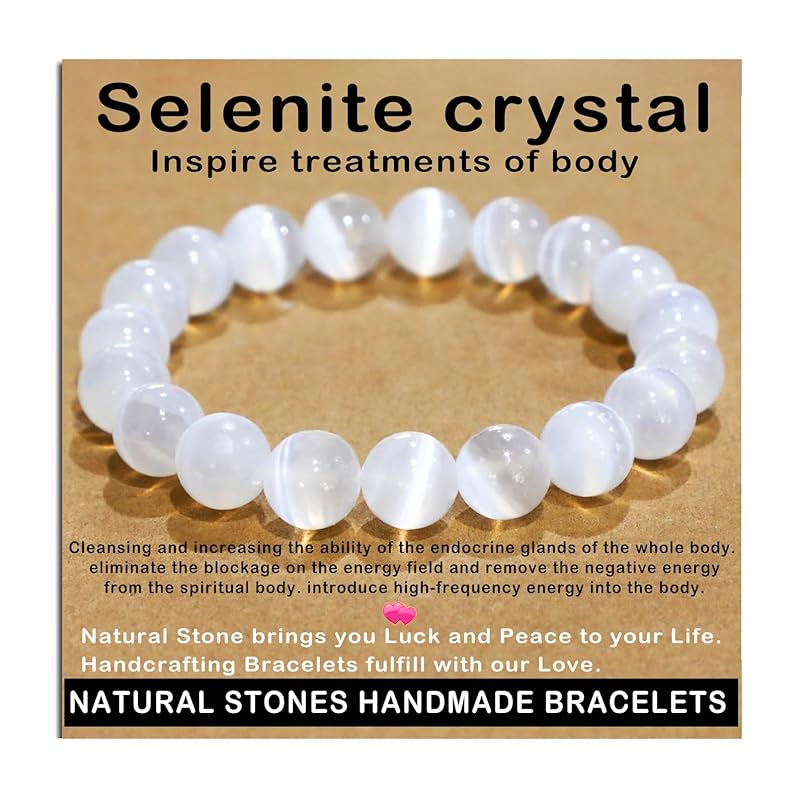 AD Beads Handmade Gemstone Stretch Elastic Bracelet Crystal Healing Reiki Nature's Beauty and Spiritual Essence Unisex (10mm, Selenite Crystal (Inspire treatments))