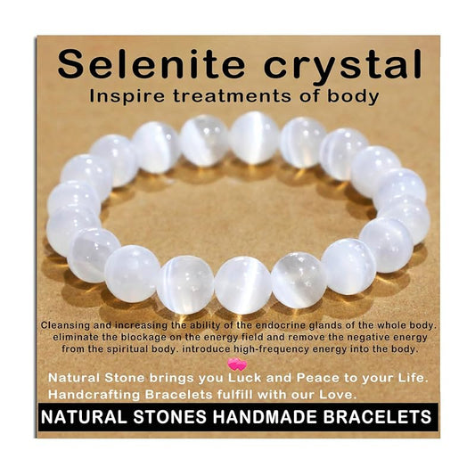 AD Beads Handmade Gemstone Stretch Elastic Bracelet Crystal Healing Reiki Nature's Beauty and Spiritual Essence Unisex (10mm, Selenite Crystal (Inspire treatments))