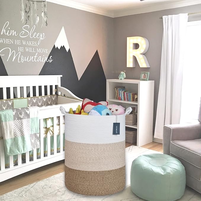 COMSE Extra Large Blanket Basket, Tall Woven Storage Basket, Nursery Hamper, 15.7”x 21.7”, Cotton Rope Laundry Hamper for Toys Clothes Towels, White/Gradient Brown