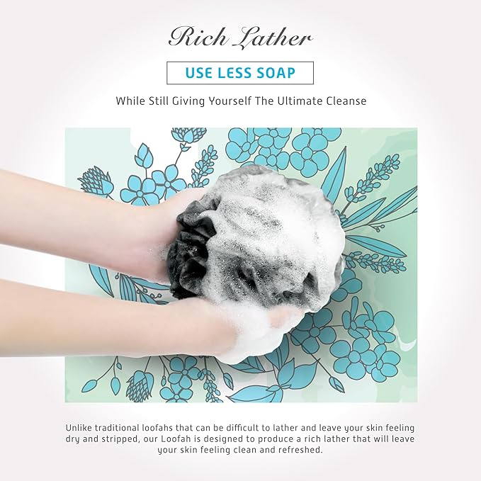 Spongentle Charcoal Bamboo Premium Deep Cleansing Loofah Sponge for Radiant Skin, Pack of 4, Bath and Shower, Exfoliating Body Scrubber, Beautiful Colors for Women and Men