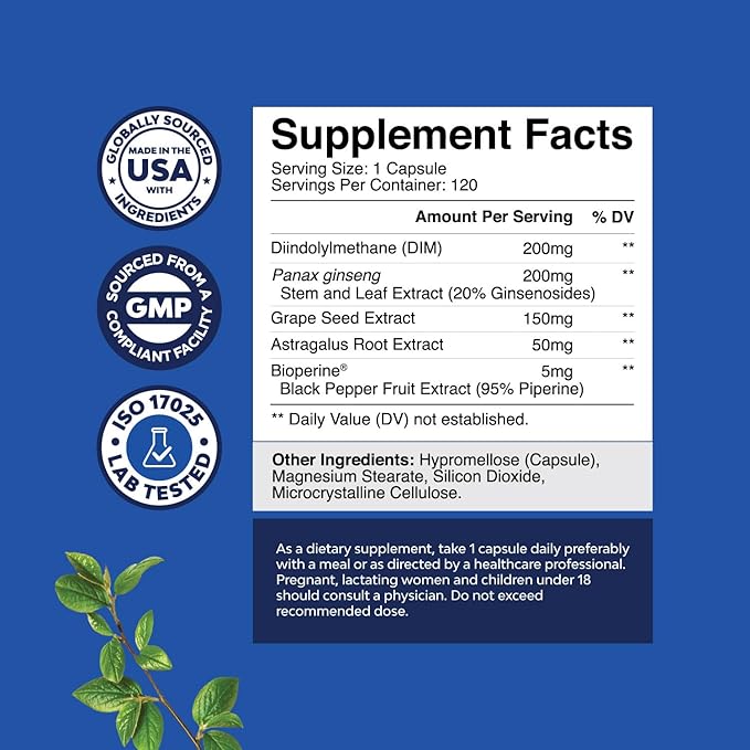 DIM Supplement for Men - DIM Estrogen Blocker for Men for Hormone Balance & Prostate Health - Diindolylmethane Testosterone Complex with Panax Ginseng, Bioperine, Grapeseed & Astragalus - 120 Capsules