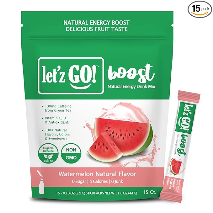 Let'z Go Clean Energy Drink Mix [Healthy Caffeine] Energy Drink Powder With Natural Caffeine Packets, High in Vitamins C + D, Electrolytes, Hydration | Sugar Free | Pre Workout | 15 Count Watermelon