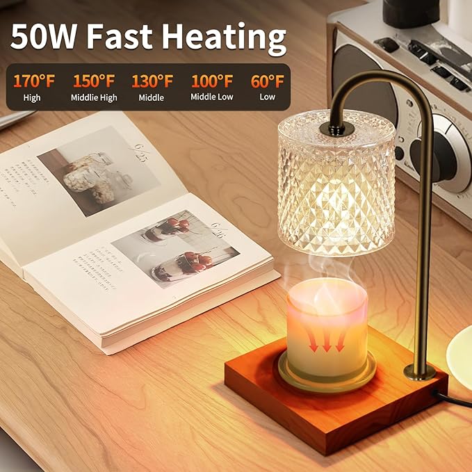 Candle Warmer Lamp, Candle Lamp Wax Warmer, Timer & Dimmer 7-Levels, Fits Cup Jar Candle, Top Melting, Crystal Heater Lamp for Scented Wax, Elegant Home Decor, Clear & Brown