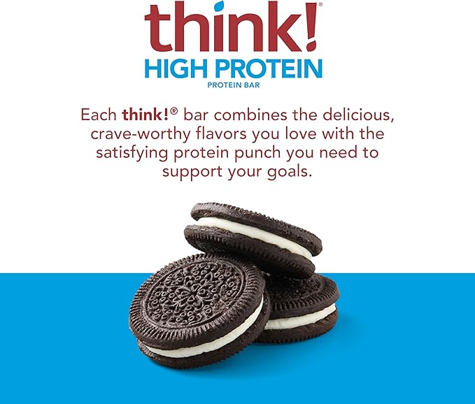 think! Protein Bars, High Protein Snacks, Gluten Free, Kosher Friendly, Cookies and Crème, Nutrition Bars, 2.1 Oz per Bar, 10 Count (Packaging May Vary)