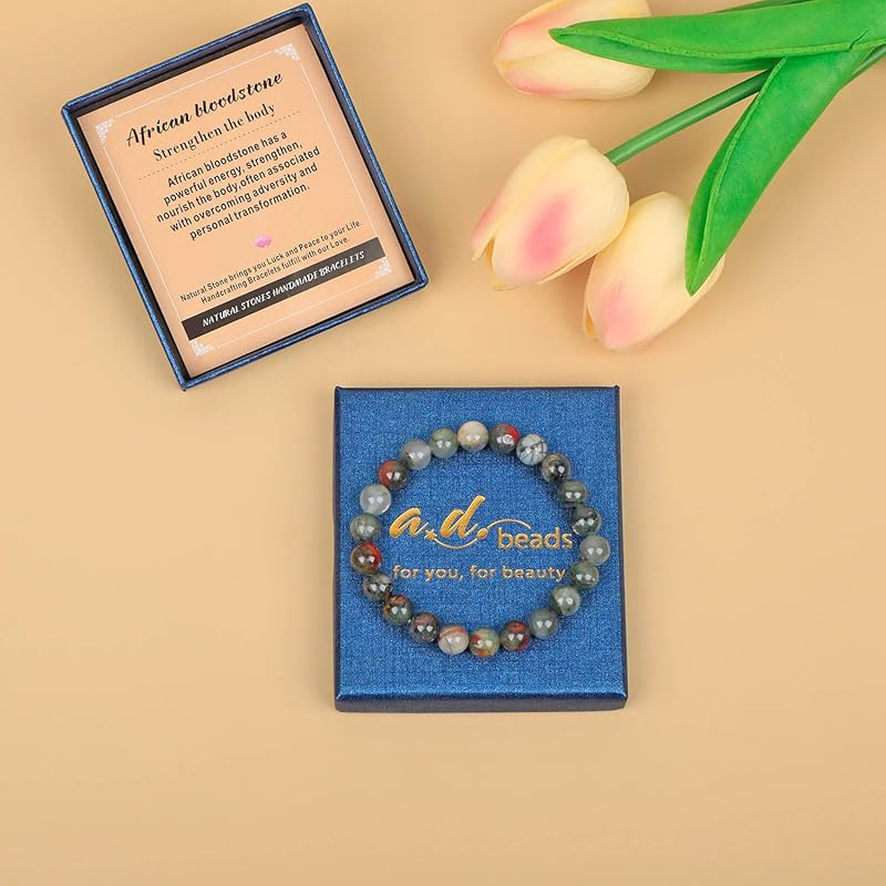 AD Beads Handmade Gemstone Stretch Elastic Bracelet Crystal Healing Reiki Nature's Beauty and Spiritual Essence Unisex (8mm, African Bloodstone (Strengthen the body))