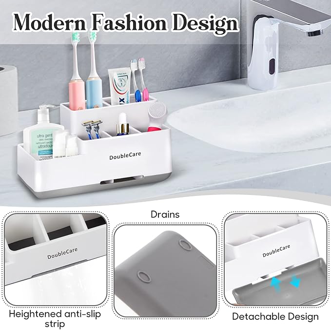 Toothbrush Holder with Anti-Slip, Bathroom Organizer Countertop Detachable for Easy Cleaning, Multifunctional Storage, Bathroom Caddy for Toothpaste, Shaver,Great for Home, Vanity Organizer, Office