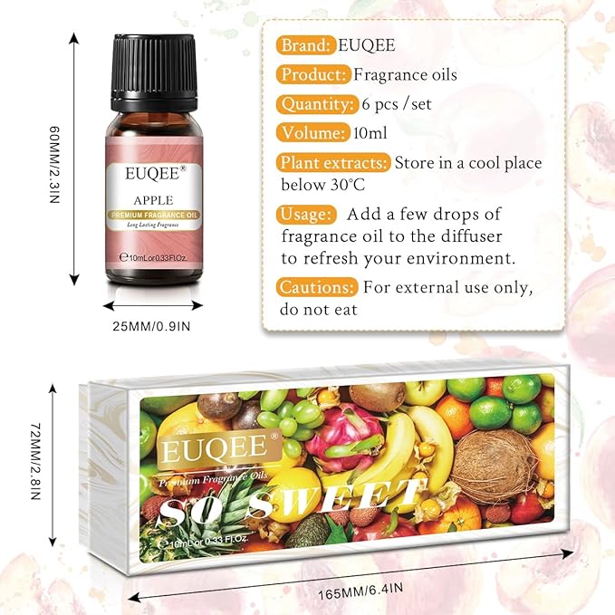 EUQEE Premium Fruit Fragrance Oils Gift Set for So Sweet - 6x10ml-Strawberry, Cherry, Litchi, Apple, Mango, Peach - Scented Essential Oils for Diffuser, Candle Making