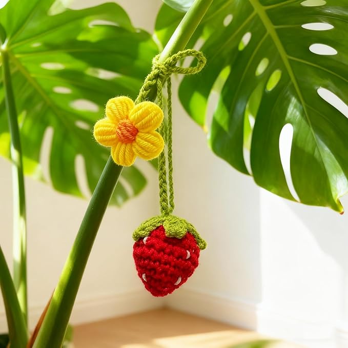 Crochet Strawberry and Flower Car Hanging Ornaments, Cute Aesthetic Rearview Mirror Hanging Accessories for Women and Girls, Handmade Polyester Fiber Car Decor 2-Pack (Red)