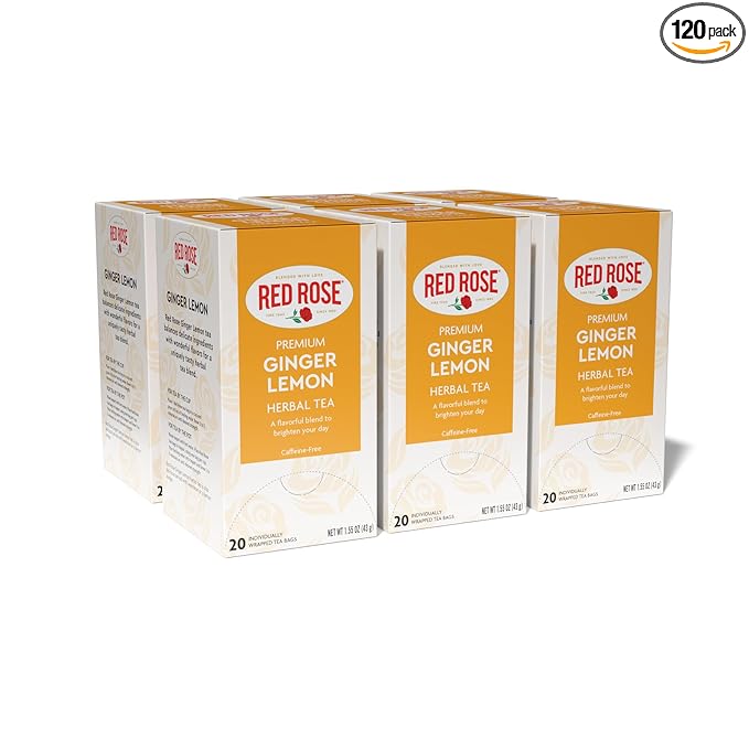 Red Rose Ginger Lemon Tea Caffeine Free Herbal Tea Naturally Flavored Tea with Mint, Lemon, Orange & Lemongrass Herbal Tea with 20 Individually Wrapped Tea Bags Per Box (Pack of 6)