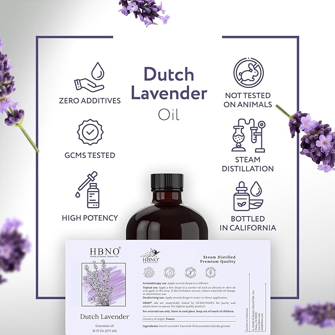 HBNO Lavender Dutch Oil - 16 oz (475ml) Large Size - Ideal for Shampoos, Conditioners, Mouth Washes, Face wash, Lotions, and Skin Care Products (Glass Bottle).
