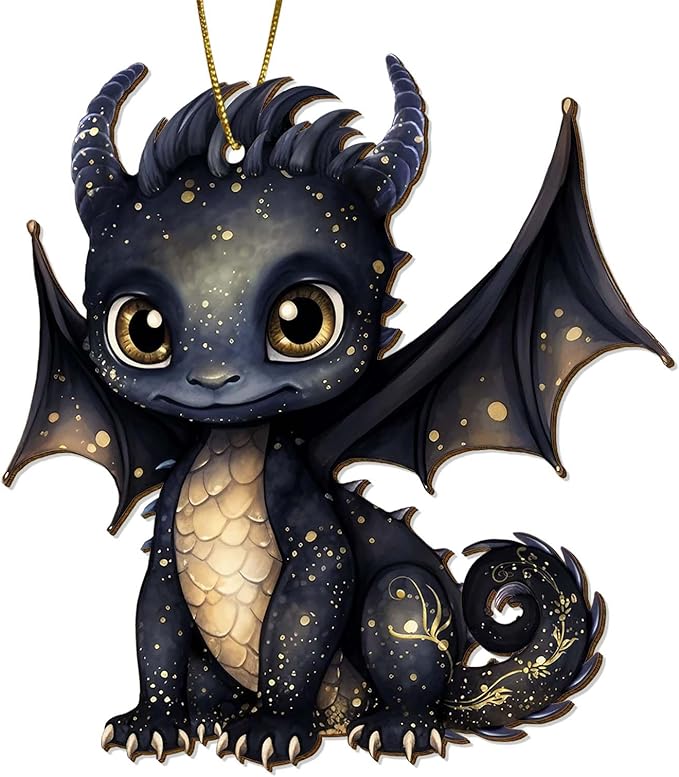 Black Dragon Christmas Tree Keepsake Ornaments, Funny Dragons Themed 2 Side Printed Flat Wooden Ornament, Xmas Hanging Decor