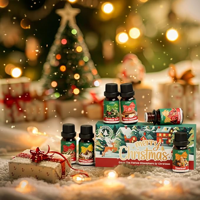 Christmas Fragrance Oil Set, SNOWSEN Winter Essential Oils for Diffuser & Aromatherapy, Apple Cinnamon, Christmas Pudding, Candy Cane, Gingerbread, Cranberry Scented Oil for Candle Making