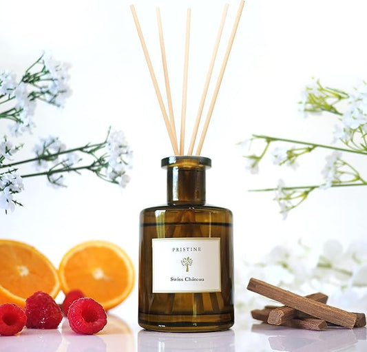 PRISTINE Swiss Château/Inspired by Hilton Reed Diffuser - Home & Bathroom | Fresh Cut Rose, Tangerine, Cedarwood Oil Reed Diffuser Set | Oil & Reed Diffuser Sticks, Home & Office Decor, Fragrance Gift