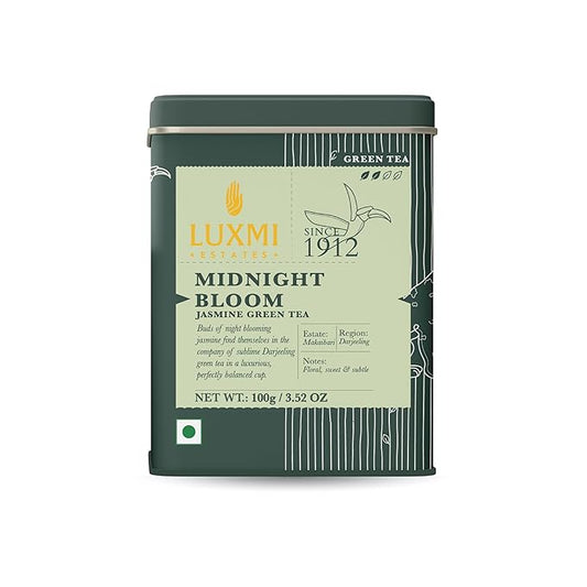 Luxmi Estates, Midnight Bloom, Organic Jasmine Tea (Loose Leaf 100g) Jasmine and Darjeeling Green Tea for Energy with no Jitters, Natural Aid Relieve Stress, Improved Mental Clarity and Immunity