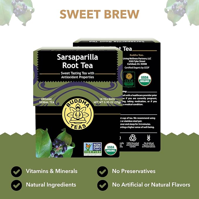 Buddha Teas - Organic Sarsaparilla Root Tea - Herbal Tea - Digestion & Skin Health - With Antioxidants & Minerals - Clean Ingredients - Caffeine Free - OU Kosher - 18 Tea Bags (Pack of 1)