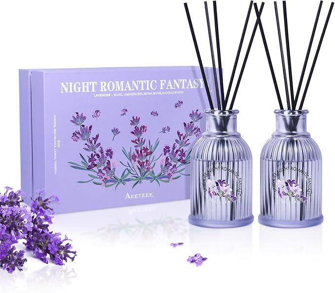 2-Pack Lavender Reed Diffuser Set - Floral and Woody Scented Home Fragrance | Lemon Moss Verbena Aroma Essential Oil | Aromatherapy Gifts for Bathroom Office Living Room Decor