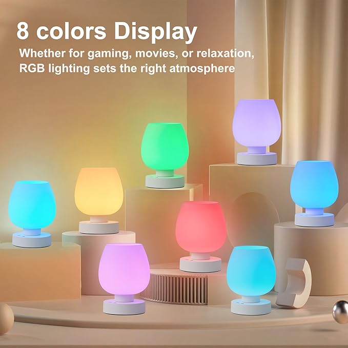 Cordless Touch Bedside Table Lamp set of 2 - Rechargeable Modern Small Table Lamp with White Glass Lamp Shade, Stepless Dimmable & 8 RGB Colors & Memory, Desk Lamp for Nursery Bedroom Nightstand