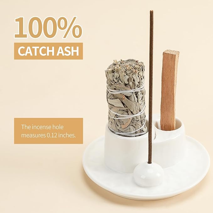 Palo Santo Sticks Holder, Multi-Purpose Handmade Ceramic Incense Burner for Palo Santo Incense Sticks, Sage Holder for Burning, Ash Catcher Tray for Meditation Yoga Room (Pure White)