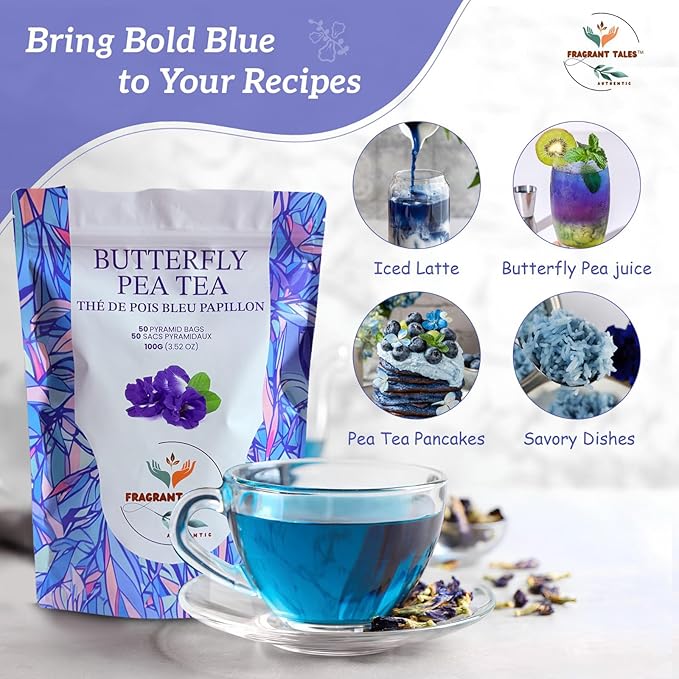 FRAGRANT TALES - Blue Butterfly Pea Flower Tea, Natural Herbal Tea, Caffeine Free, Preservative Free, 3.52 Oz, 50 Pyramid Bags
