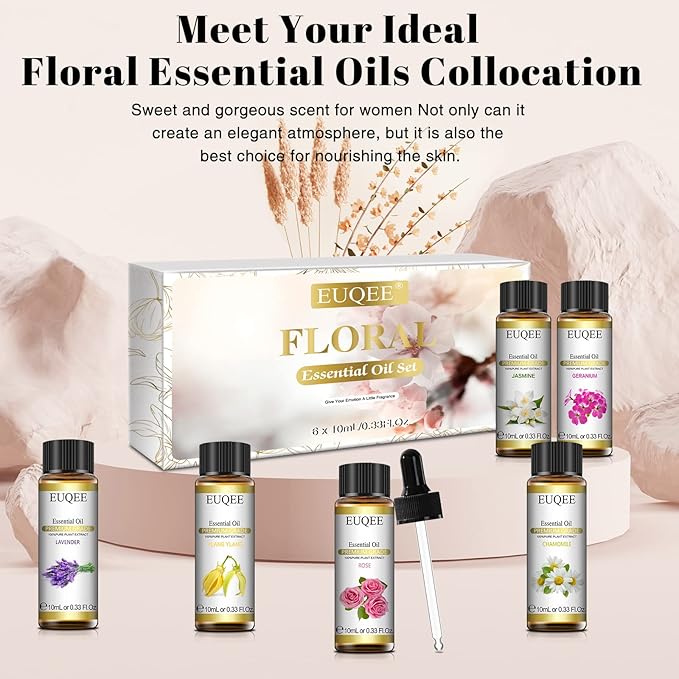 EUQEE Floral Essential Oils Set of 6 Pure Essential Oil Gift Set for Diffusers, Soap & Candle Making - Lavender, Rose, Ylang Ylang, Jasmine, Geranium, Chamomile Aromatherapy Oils - 10ml