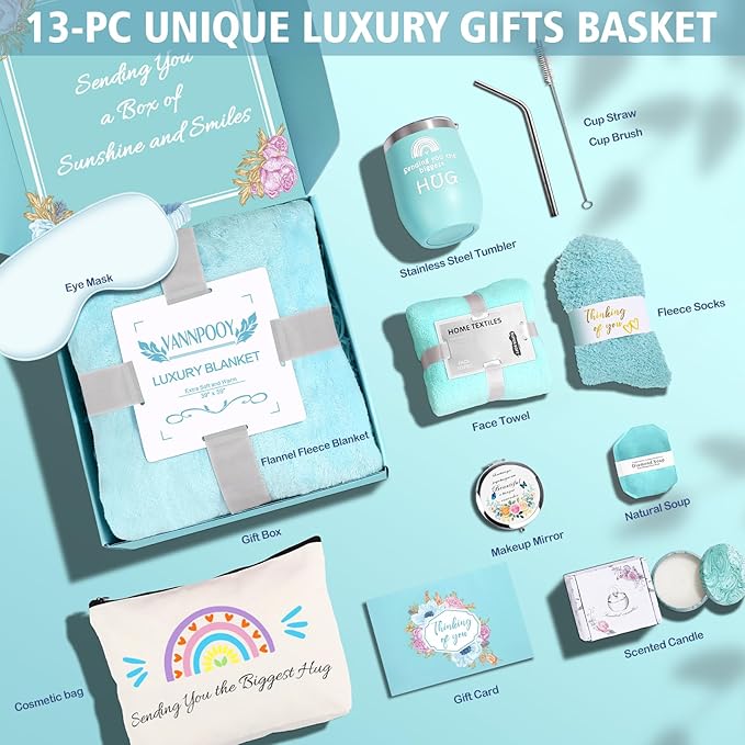 Get Well Gifts for Women, Thinking of You Gift Basket, Unique Self Care Package Relaxing Spa Gift Set, Birthday Gifts Box for Woman, Mothers Day Gifts for Mom Her Friend Wife Sister, Blue