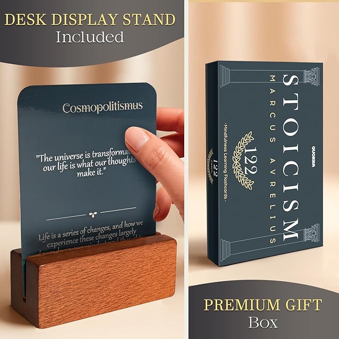 122 Daily Stoic Quotes with Explanations & Practices, Marcus Aurelius Stoicism Cards, Wooden Stand, Gift Box, Inner Strength Wisdom Stoic Reminders, Mindfulness Deck, Unique Home Office Gifts Décor
