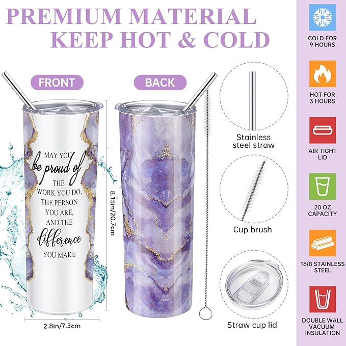 Domensi 6 Pcs Employee Appreciation Gift Set for Women Female Thank You Gift May You Be Proud 20 oz Rustic Marble Sign Tumbler Makeup Bag Journal for Teacher Nurse Lady Work Business(Purple)