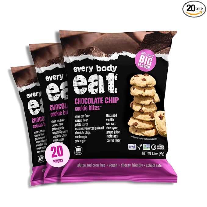 Every Body Eat Crunchy Cookie Bites, Gluten & Dairy Free, Vegan, School Safe Lunch Snacks, Single Serve (Pack of 20) (Chocolate Chip)