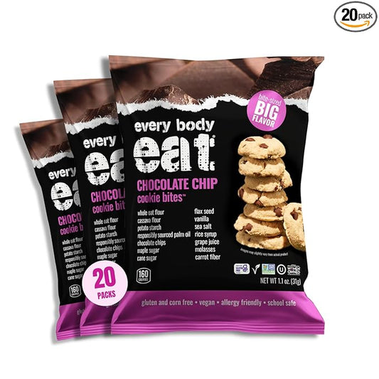 Every Body Eat Crunchy Cookie Bites, Gluten & Dairy Free, Vegan, School Safe Lunch Snacks, Single Serve (Pack of 20) (Chocolate Chip)