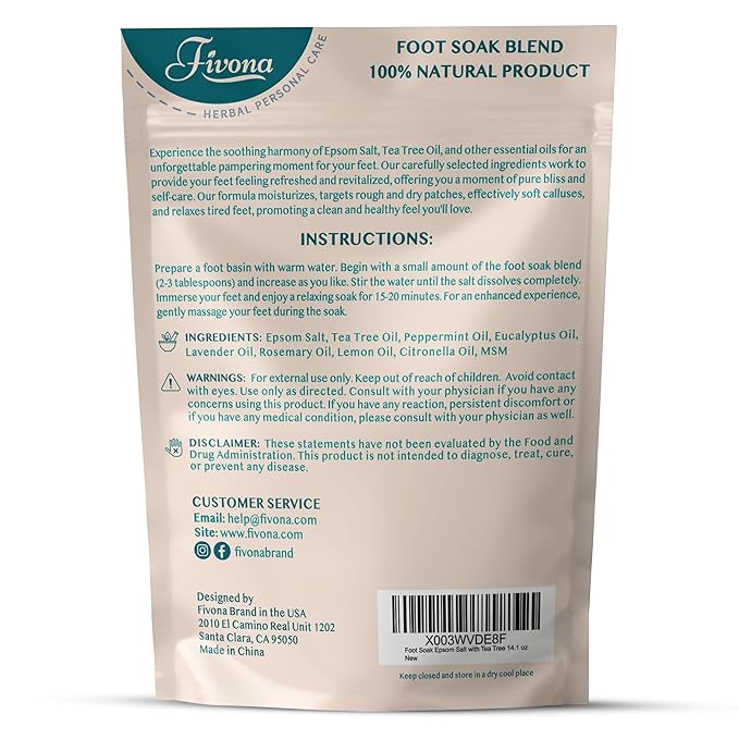 Fivona Tea Tree Foot Soak Blend 14.1 oz - Epsom Salt with Essential Oils for Healthy Toenails, Soothing Relief, Callus Softening - Pedicure Therapy for Soft, Rejuvenated Feet