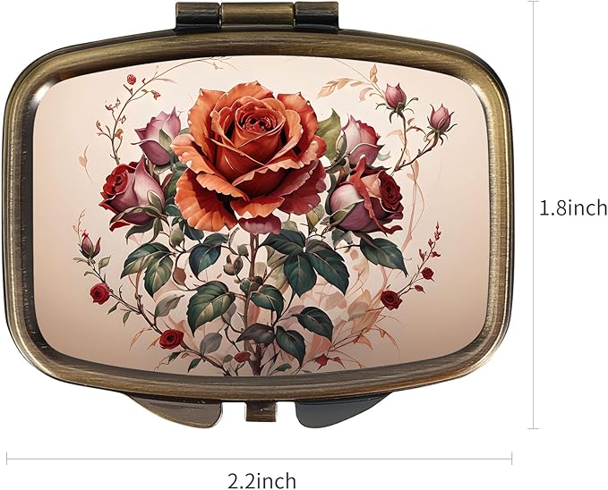 Dynippy Pill Case Pill Box with Mirror Retro Pocket 2 Compartment Medicine Case Vitamin Pill Organizer for Pocket Purse and Travel (Flower 21)