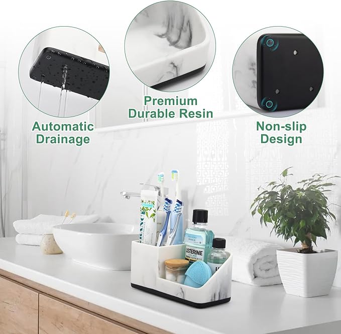 Marble Bathroom Counter Organizer, Kids Electric Toothbrush and Toothpaste Holders for Bathroom Organizers and Storage (Marble)