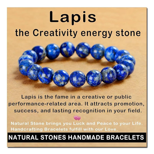 AD Beads Handmade Gemstone Stretch Elastic Bracelet Crystal Healing Reiki Nature's Beauty and Spiritual Essence Unisex (12mm, Lapis Lazuli)