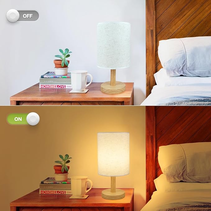 6.3in Bedside Table Lamp for Bedroom, Minimalist Nightstand Lamp with Round Fabric Linen Shade,Study Reading Desk Lamp for Kids Room, Night Table Lamp for Living Room, College Dorm, Home, Office