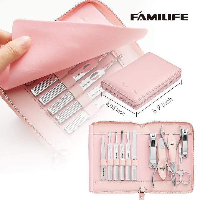 FAMILIFE Manicure Set Professional Manicure Kit Nail Kit - 11PCS Gifts for Her Nail Clippers for Women Stainless Steel Pedicure Sets Pink Leather Case