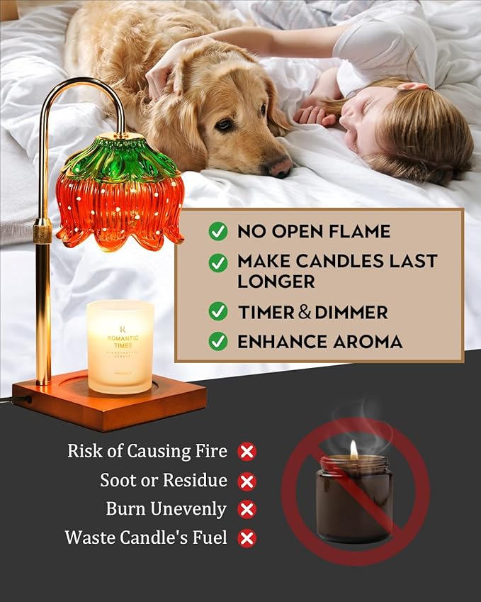 Candle Warmer Lamp with Timer Dimmable, Height Adjustable Birthday Gifts for Women Mom House Warming, Home Decor, Lotus Flower Candle Lamp Warmer 2 Bulbs Inc (Strawberry)