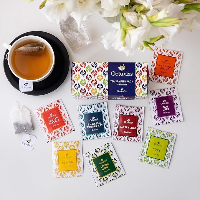 Octavius Tea Sampler Pack | 8 Assorted Black & Green Teas | 32 Teabags | Tea Sampler Variety Pack | Pack of 6 | Mothers Day Tea Gift Box
