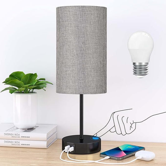 AKASUKI Table Lamp for Bedroom, 3 Way Dimmable Touch Lamp with Dual Charging Station, Small Bedside Lamps for Night Stands, Living Room, Office(LED Bulb Included)